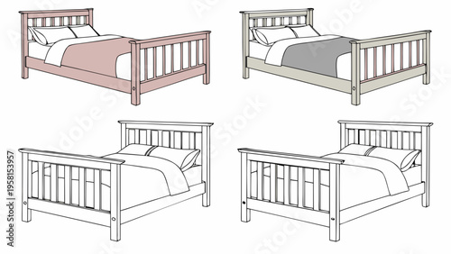 Four variations of a wooden bed frame with bedding in different colors and styles