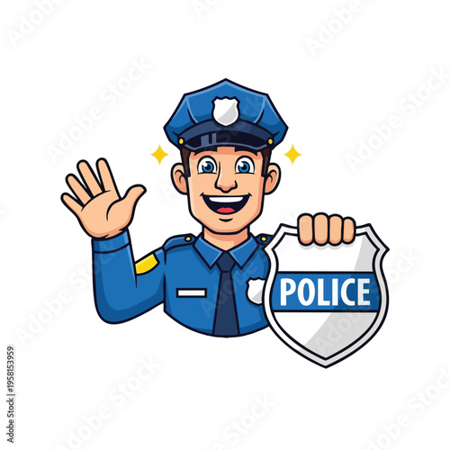 Friendly animated police officer waves hello while holding a shield