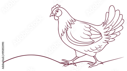 Simple line drawing of a chicken walking on a gentle slope
