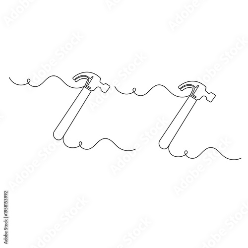 Continuous line drawing of a claw hammer on a wavy baseline

