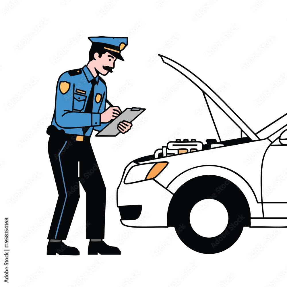 Obraz premium Officer inspecting car engine, writing notes on clipboard
