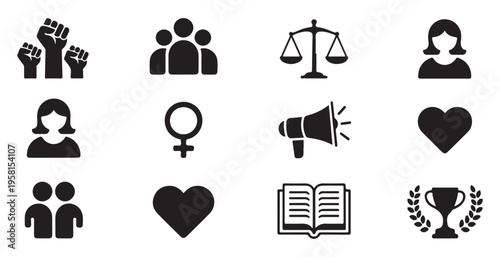 Empowerment icon set featuring feminist symbols like raised fists scales of justice hearts and megaphone sign