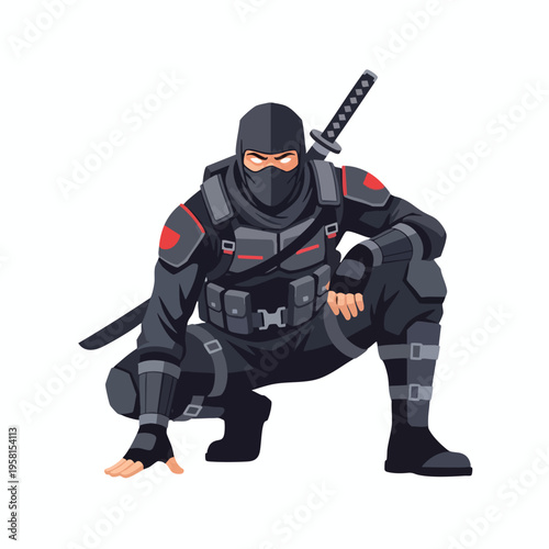 A stealthy ninja in dark attire crouches, weapon sheathed on back, ready for action