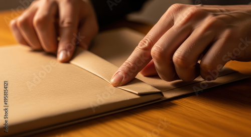Close-up of hands folding a brown paper envelope on a wooden table.