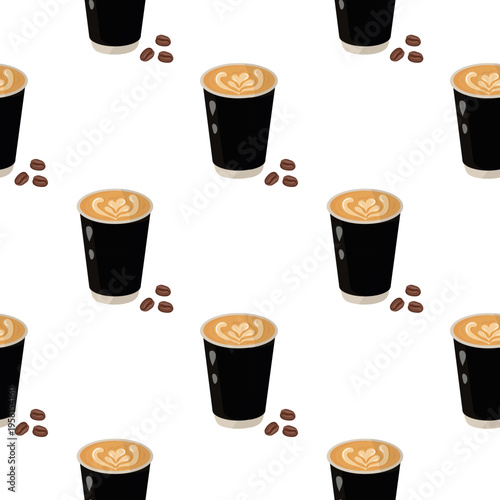Seamless vector pattern with paper coffee cups and roasted beans on white background