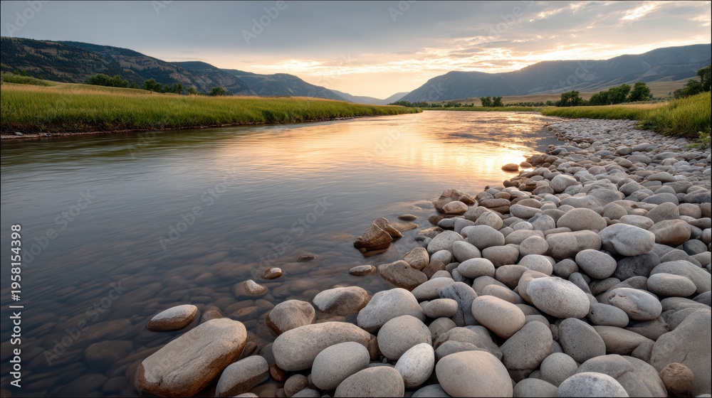 Fototapeta premium Wide river landscape with flowing water, smooth stones, grassy banks, and distant mountains under glowing sunset sky