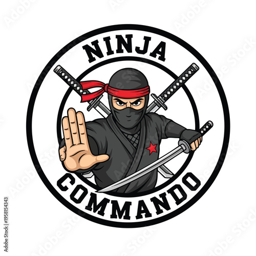 Fierce ninja with weapons drawn, hand raised in a stop gesture