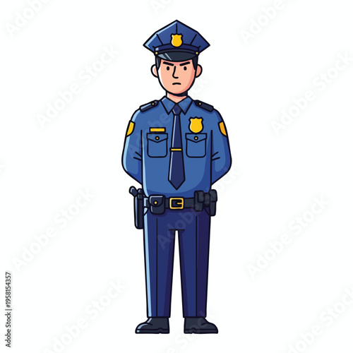 A stern, cartoon male police officer stands at attention in uniform with hands clasped behind back