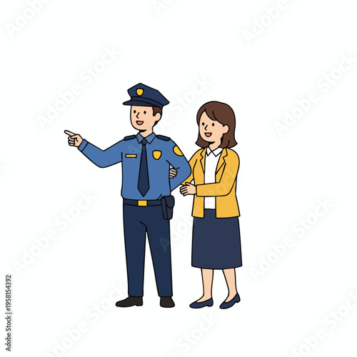 Policeman in uniform escorts woman in yellow jacket and navy skirt