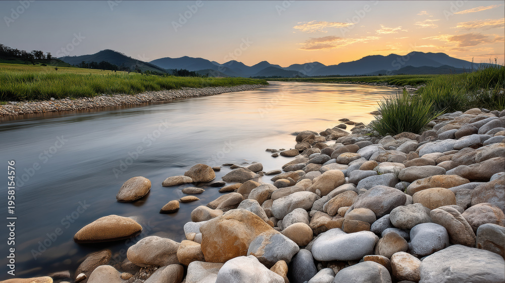Fototapeta premium Smooth river landscape with flowing water, rocky riverbank, green grass, distant mountains, and sunset sky reflecting on surface