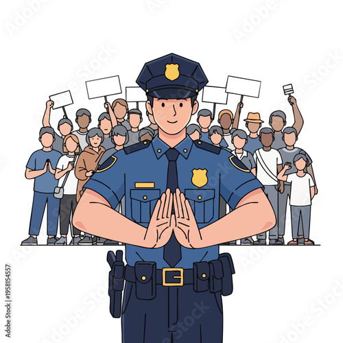 Police officer with folded hands in front of a diverse crowd holding signs
