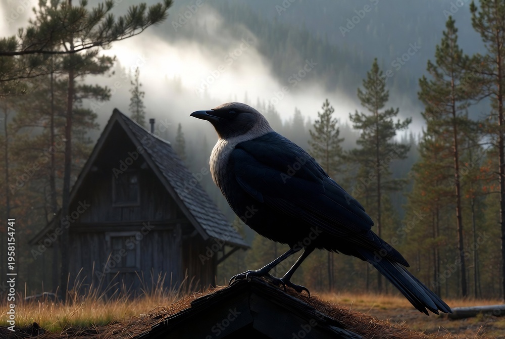 Obraz premium A raven stands on a roof overlooking a rustic cabin in a misty forest.