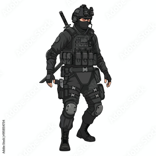 Military operative in black tactical gear, holding a sword, ready for action