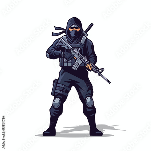 A dark-clad figure with a hood and mask holds a rifle, a sword on their back