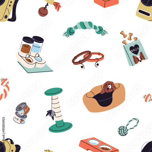 Repeatable pattern of items for cats and dogs. Endless background of toys, accessories and food for pets. Different goods and vet supplies for domestic animals. Flat seamless vector illustration