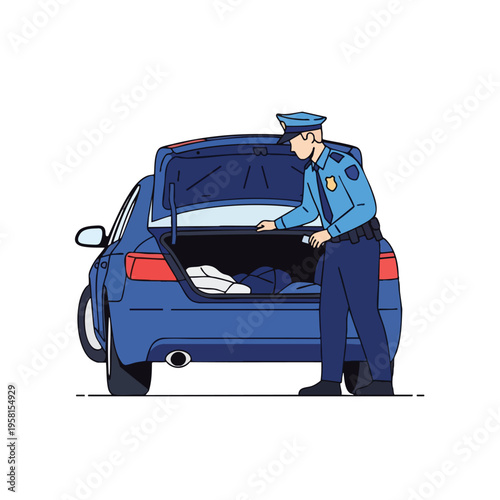 Law enforcement officer inspects car trunk with belongings