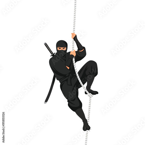 Ninja with sword climbs rope; stealth, agility, martial arts implied