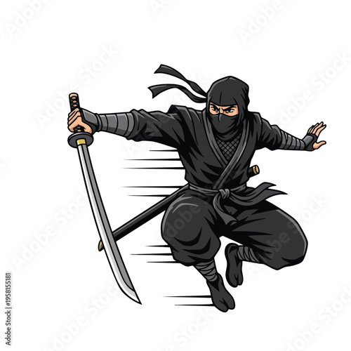 A stealthy warrior in black leaps forward with a drawn sword, a blur of motion