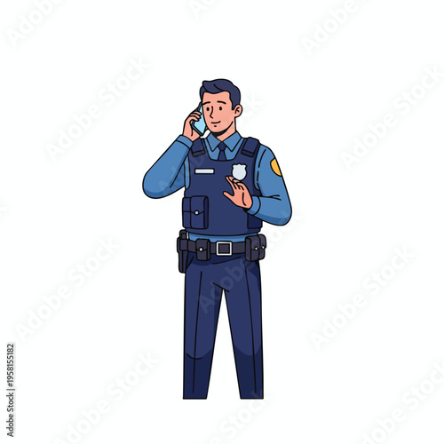 Cartoon police officer in uniform talking on a mobile phone