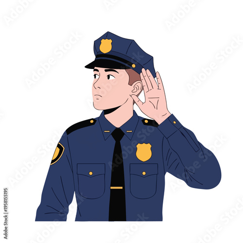 Police officer intently listening, cupping hand to ear, in uniform
