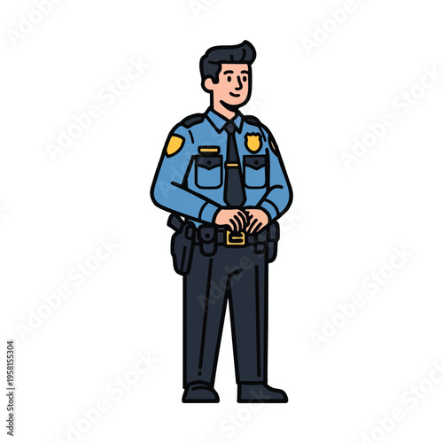 Cartoon police officer standing, hands clasped at waist, detailed uniform