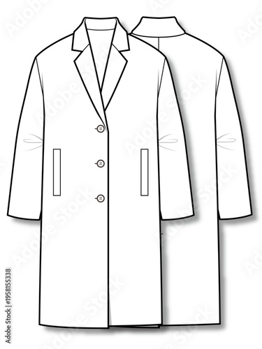 Mens long coat technical flat fashion sketch vector template illustration front and back view single breasted overcoat classic outerwear apparel CAD drawing design mockup concept
