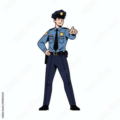 A cartoon police officer in uniform points forward assertively