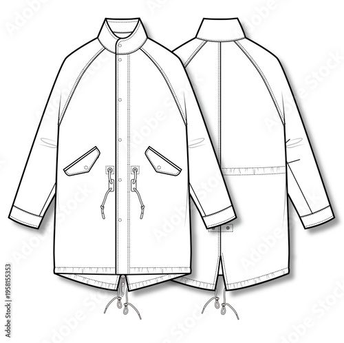 Mens field jacket technical flat fashion sketch vector template illustration front and back view parka style military casual outerwear drawstring utility apparel CAD drawing design mockup concept
