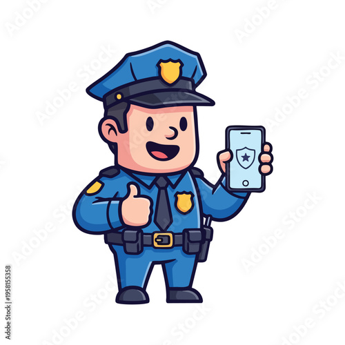 Cartoon police officer holding smartphone showing shield with star