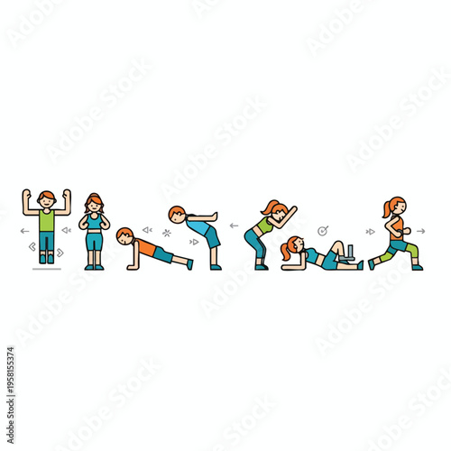 Figures demonstrate various exercises posing, push-up, squat, lying down, and lunging