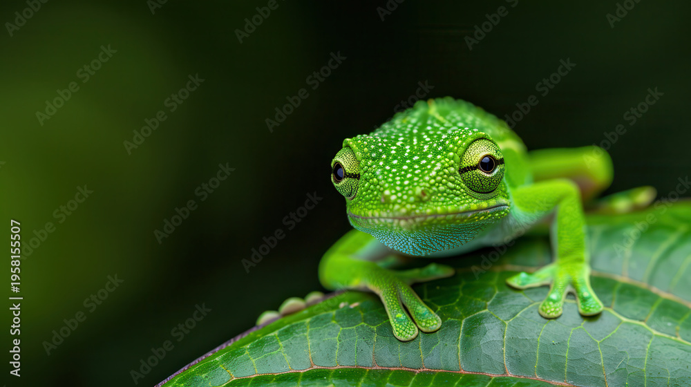 Obraz premium Vibrant green frog perches on broad leaf