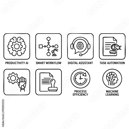 Professional vector line art icons illustrating modern business concepts such as productivity AI, smart workflow, and process automation.