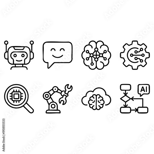 A set of sophisticated line art vector icons illustrating artificial intelligence, robotics, and advanced technology concepts for modern digital design projects.