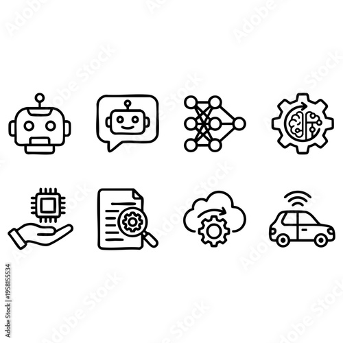 This vector graphic illustration features a comprehensive collection of artificial intelligence, machine learning, and advanced technology line icons designed for modern digital concepts.