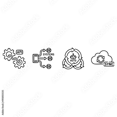 A collection of diverse line art vector icons illustrating technology, mobile development, natural elements, and cloud computing concepts for modern design projects.