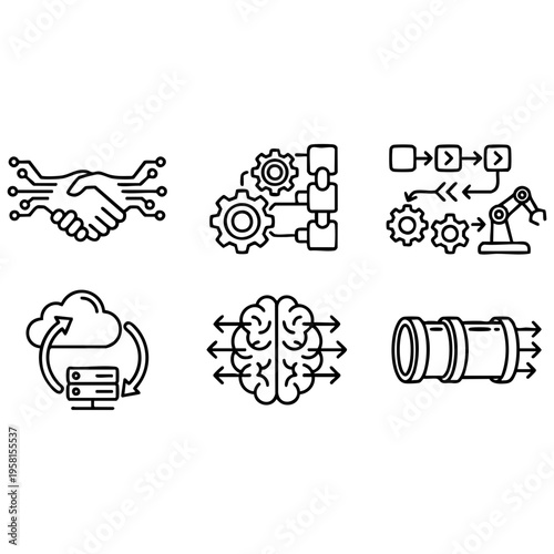 Digital transformation vector illustration depicting industrial technology, automation, cloud computing, artificial intelligence, data flow, and collaborative partnership graphic design.
