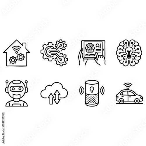A comprehensive vector illustration featuring eight diverse artificial intelligence and smart technology line icons for modern digital design.