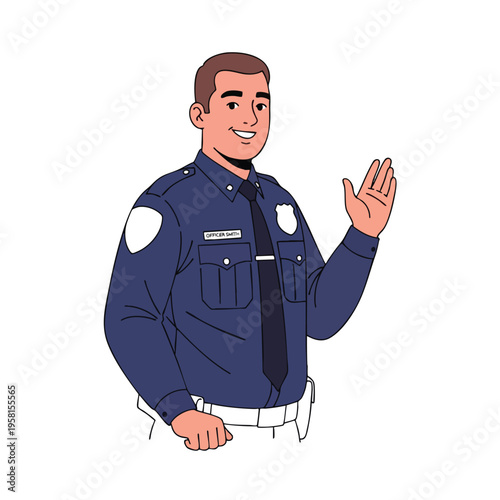 Smiling male officer waves hello, wearing a dark blue uniform and badge