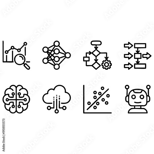 Vector illustration showcasing a collection of essential line icons representing artificial intelligence, data analytics, machine learning, and cloud computing concepts.
