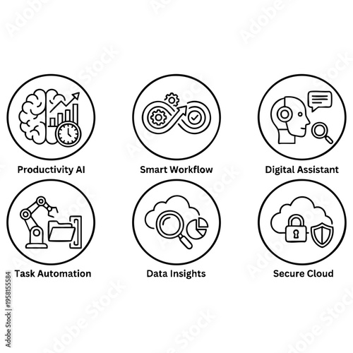 Vector graphic illustration showcasing six distinct technology line icons representing modern business innovation, automation, data insights, smart workflow, and secure cloud solutions.