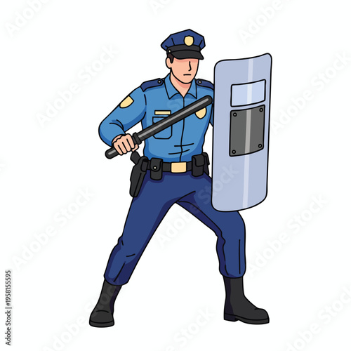 Cartoon police officer with baton and shield, ready for action