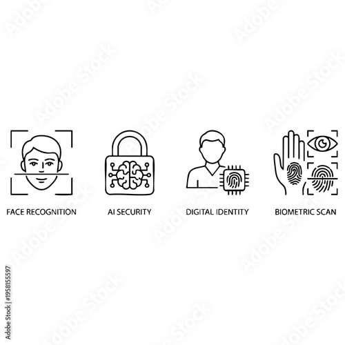 Vector illustration featuring biometric security and digital identity technology with face recognition, AI protection, and fingerprint scans for data safety.