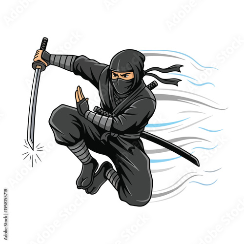 Fierce ninja in black, mid-air, brandishing a katana with speed lines