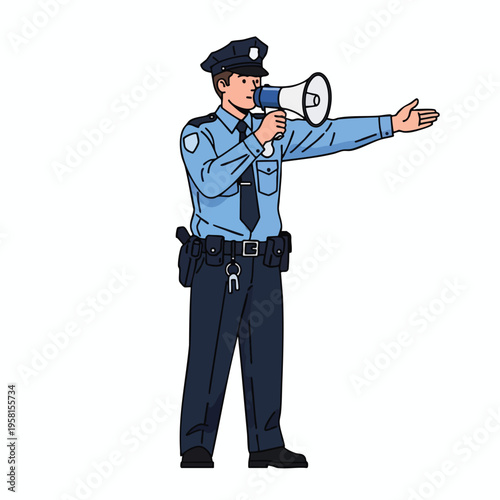 Officer with megaphone directs traffic with extended arm