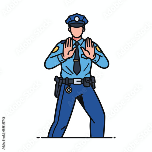 Policeman with hands raised in stop gesture, wearing blue uniform, badge, belt, gun holster