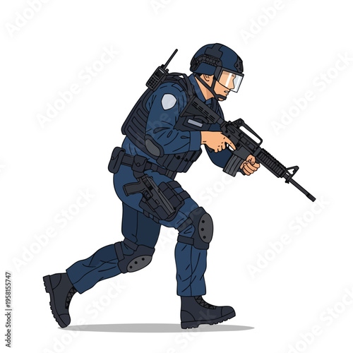 Law enforcement officer in tactical gear, running with a rifle, prepared for action