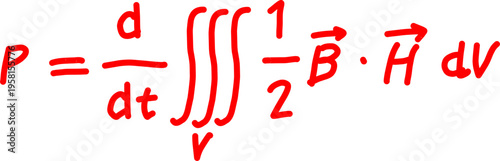 Red physics equation featuring triple integral and magnetic field vectors on white background, clean scientific formula design for education, research, and STEM visuals.