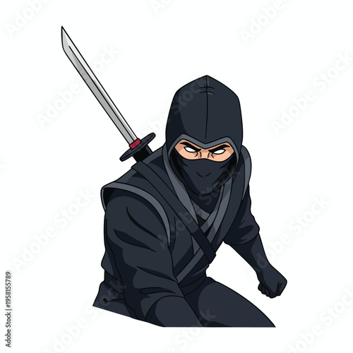 A masked warrior in a dark hooded suit and sword prepares for action