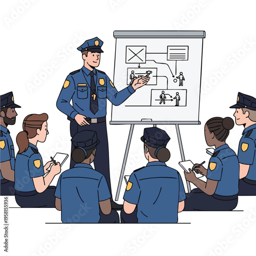 Instructor police officer teaching cadets at a whiteboard with diagrams and notes