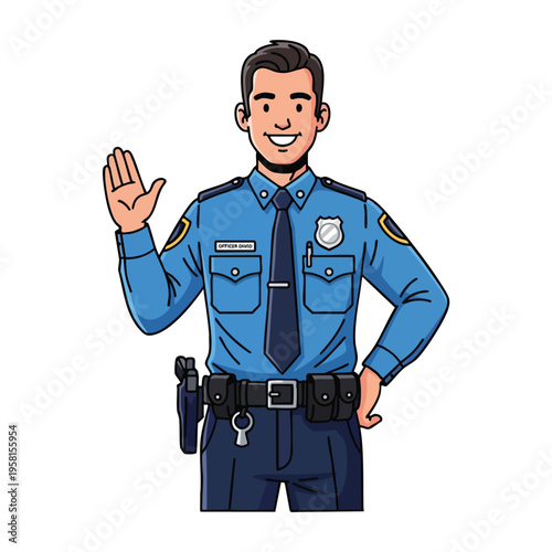 Friendly male police officer waving hello and standing with hand on hip